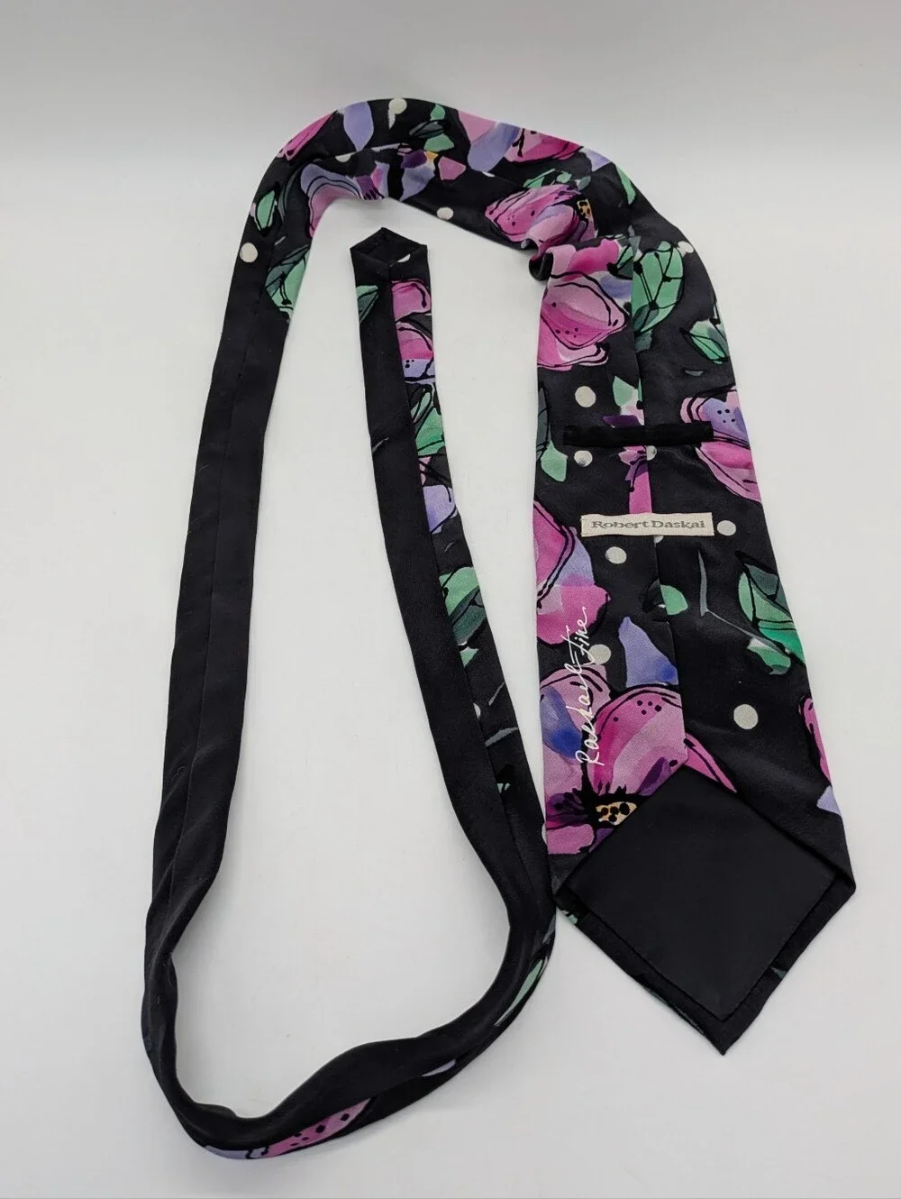 Vintage Robert Daskal Black Pink Floral Hand Painted Silk Tie
